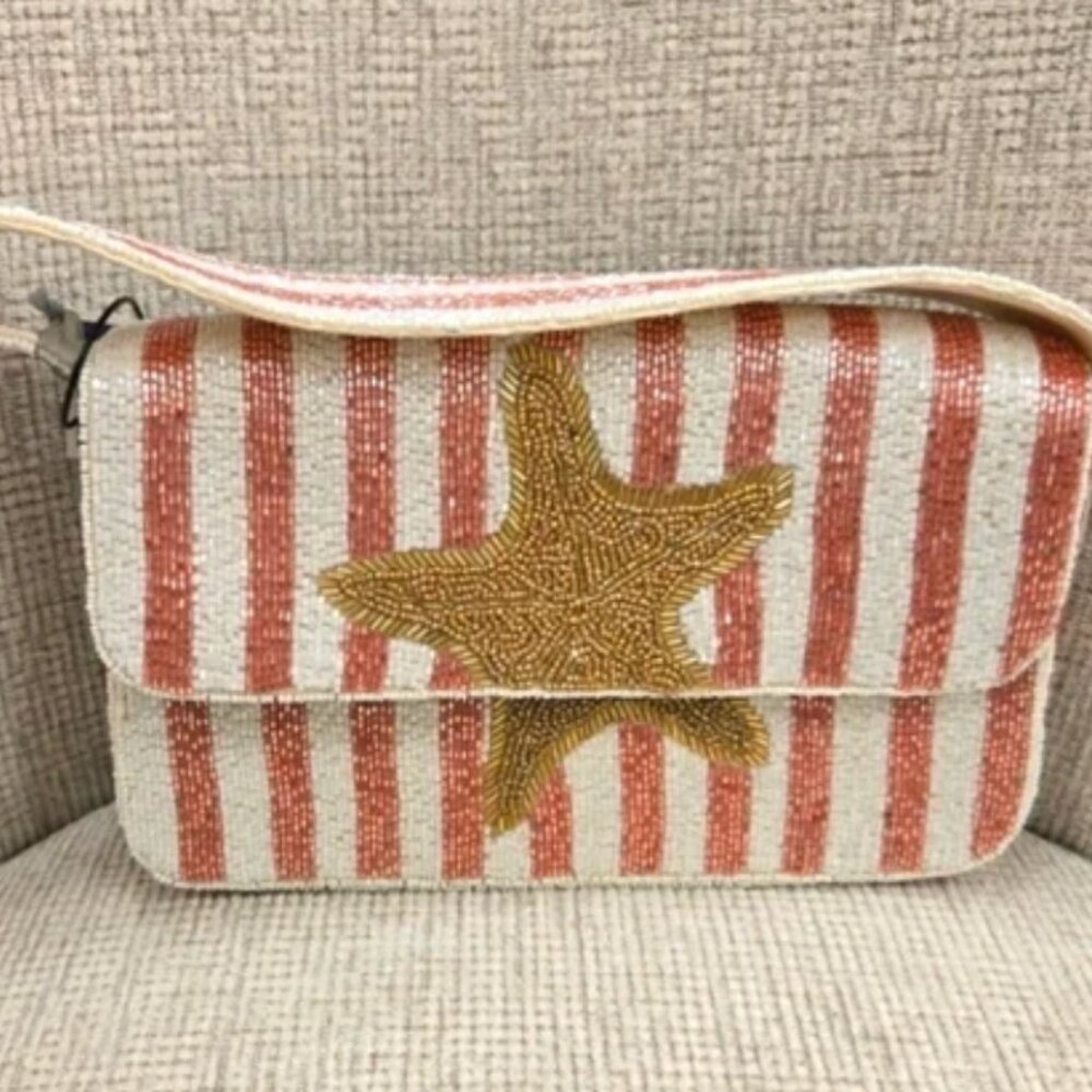Beaded Starfish Stripe Shoulder Bag - Cream & Coral